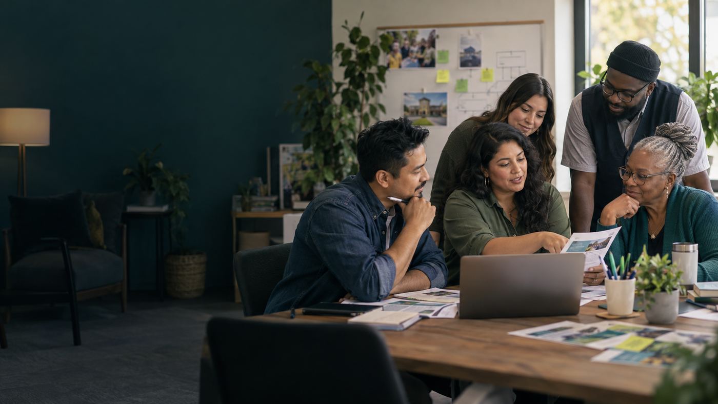 People collaborating in a mission-driven organization